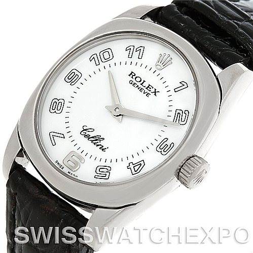 The image shows a Rolex Cellini 6229 Women's White Gold White Dial 6229 Women's White Gold White Dial watch from an angled top view, highlighting its dial, crown, and part of its strap.