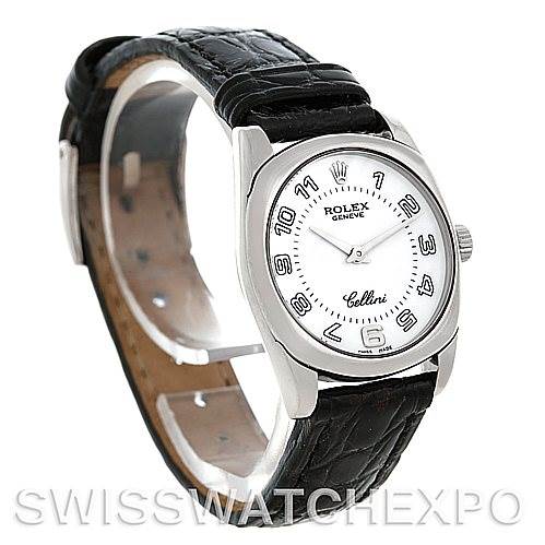 The image shows a Rolex Cellini 6229 Women's White Gold White Dial 6229 Women's White Gold White Dial watch from a front-left angle, displaying the face, bezel, crown, and black leather strap.