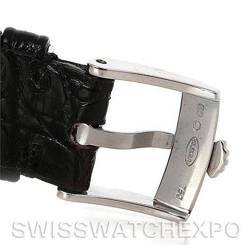 The image shows the clasp and part of the leather strap of a Rolex Cellini 6229 Women's White Gold White Dial 6229 Women's White Gold White Dial watch from a side angle.