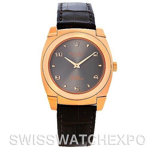 This image shows a front view of a Rolex Cellini 5320/5 Rose Gold Grey Dial 5320/5 Rose Gold Grey Dial watch with a black leather strap, gold-tone case, and black dial.