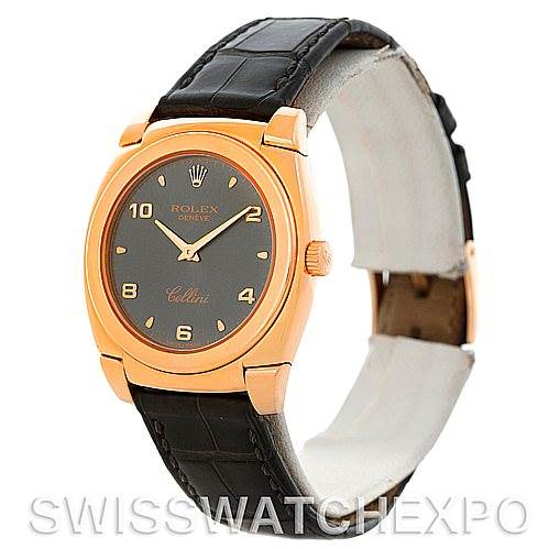 The image shows a Rolex Cellini 5320/5 Rose Gold Grey Dial 5320/5 Rose Gold Grey Dial watch at a slight angle, highlighting its black dial, rose gold case, and black leather strap.