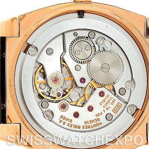 The image shows the movement and internal mechanism of a Rolex Cellini 5320/5 Rose Gold Grey Dial 5320/5 Rose Gold Grey Dial watch from a back angle.