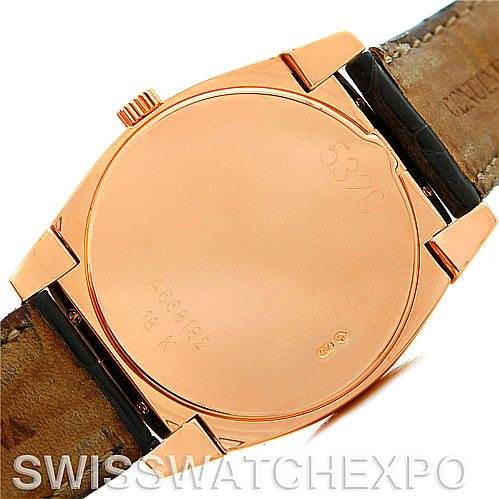 The image shows the back case of a Rolex Cellini 5320/5 Rose Gold Grey Dial 5320/5 Rose Gold Grey Dial watch with the strap and crown partially visible.