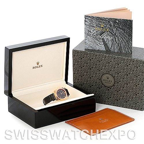 The image shows a Rolex Cellini 5320/5 Rose Gold Grey Dial 5320/5 Rose Gold Grey Dial watch in its open box, alongside the outer packaging, booklets, and a leather cardholder.