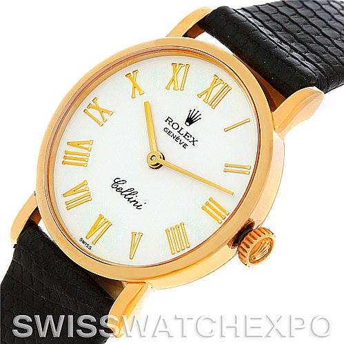 The image shows a Rolex Cellini 5109 Women's Yellow Gold White Dial 5109 Women's Yellow Gold White Dial watch from a slightly angled side view, highlighting its face, crown, and leather strap.