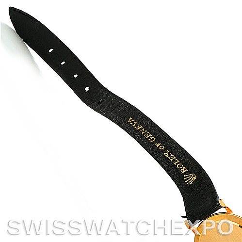 This image shows the strap of a Rolex Cellini 5109 Women's Yellow Gold White Dial 5109 Women's Yellow Gold White Dial watch, including the black leather band with "Rolex of Geneva" inscribed on the inside.