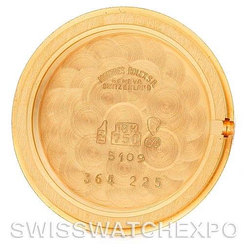 This is the inner case back of a Rolex Cellini 5109 Women's Yellow Gold White Dial 5109 Women's Yellow Gold White Dial watch, showing engravings including "18K 750" and other manufacturer details.