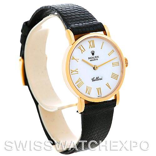 This image shows a Rolex Cellini 5109 Women's Yellow Gold White Dial 5109 Women's Yellow Gold White Dial watch at a three-quarter angle, highlighting the dial, case, lugs, and black leather strap.