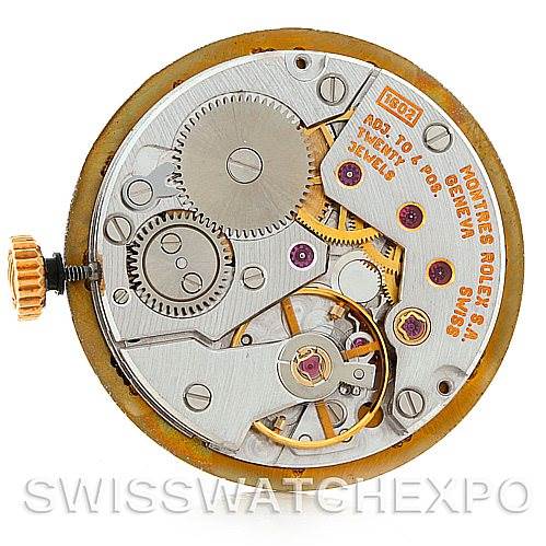 This is a close-up view of the movement mechanism of a Rolex Cellini 5109 Women's Yellow Gold White Dial 5109 Women's Yellow Gold White Dial watch.