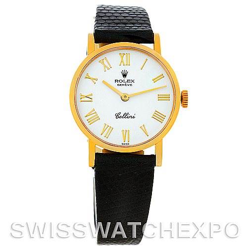 This image shows a front view of a Rolex Cellini 5109 Women's Yellow Gold White Dial 5109 Women's Yellow Gold White Dial watch with a gold case, white dial, Roman numerals, and a black leather strap.