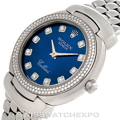 This image shows the face, bezel, and part of the bracelet of the Rolex Cellini 6671/9 Women's White Gold Blue Dial 6671/9 Women's White Gold Blue Dial watch from a slightly angled perspective.