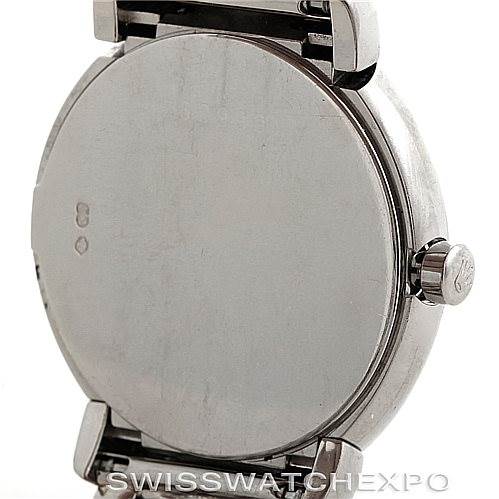 This image shows the back case and crown of a Rolex Cellini 6671/9 Women's White Gold Blue Dial 6671/9 Women's White Gold Blue Dial watch at an angled view.