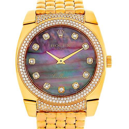 This image shows a frontal view of a Rolex Cellini 6321 Women
s Yellow Gold Mother of Pearl Dial 6321 Women
s Yellow Gold Mother of Pearl Dial watch, highlighting its gold case, bracelet, diamond markers, and iridescent dial.