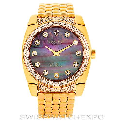The image shows a Rolex Cellini 6321 Women
s Yellow Gold Mother of Pearl Dial 6321 Women
s Yellow Gold Mother of Pearl Dial watch from a front view, featuring a gold bracelet, a diamond-studded bezel, and a mother-of-pearl dial with diamond hour markers.
