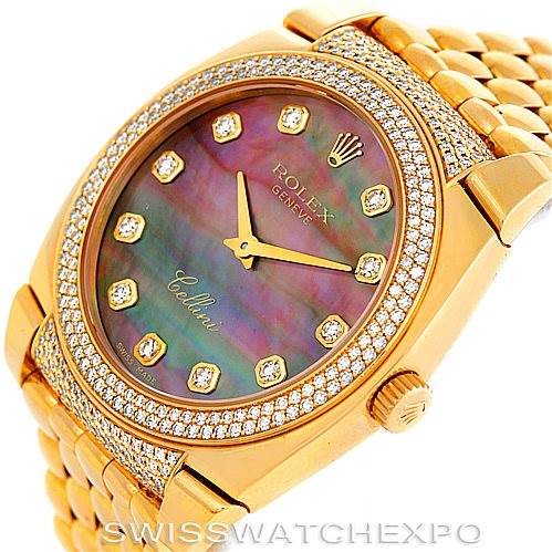 The Rolex Cellini 6321 Women
s Yellow Gold Mother of Pearl Dial 6321 Women
s Yellow Gold Mother of Pearl Dial watch is shown at a slight angle, featuring its gold bracelet, diamond bezel, and mother-of-pearl dial.