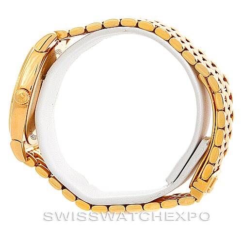 This side-view angle of the Rolex Cellini 6321 Women
s Yellow Gold Mother of Pearl Dial 6321 Women
s Yellow Gold Mother of Pearl Dial watch displays the case, bezel, and bracelet in a gold finish.