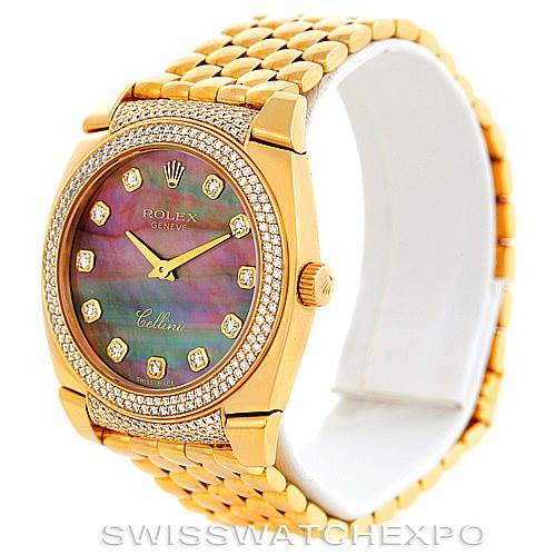 This image shows a Rolex Cellini 6321 Women
s Yellow Gold Mother of Pearl Dial 6321 Women
s Yellow Gold Mother of Pearl Dial watch from an angled view, highlighting its face, bezel, and bracelet.