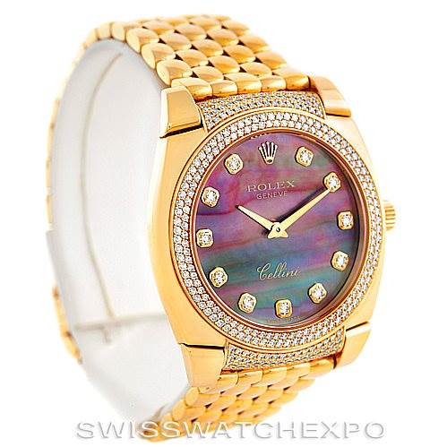 The image shows a gold Rolex Cellini 6321 Women
s Yellow Gold Mother of Pearl Dial 6321 Women
s Yellow Gold Mother of Pearl Dial watch at a slight angle, displaying its face, band, and bezel.