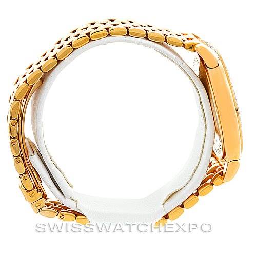 The image shows a side view of the Rolex Cellini 6321 Women
s Yellow Gold Mother of Pearl Dial 6321 Women
s Yellow Gold Mother of Pearl Dial watch, focusing on its gold bracelet and case profile.