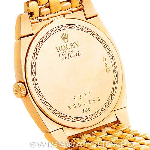 The image shows the back view of a Rolex Cellini 6321 Women
s Yellow Gold Mother of Pearl Dial 6321 Women
s Yellow Gold Mother of Pearl Dial watch, including the case back, crown, and part of the bracelet.