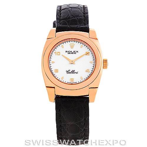This image shows a front view of a Rolex Cellini 5310 Women's Rose Gold White Dial 5310 Women's Rose Gold White Dial watch featuring a white dial, rose gold case, and black leather strap.