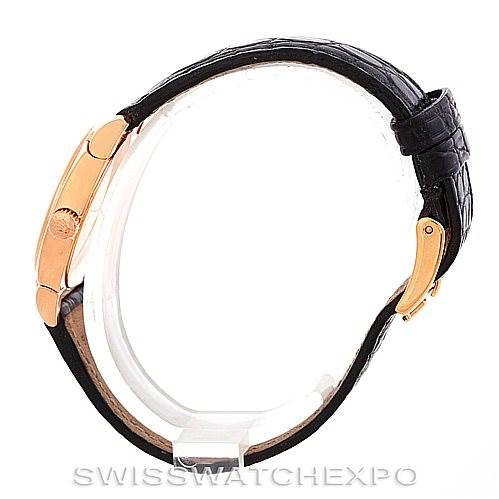 This image shows a side view of the Rolex Cellini 5310 Women's Rose Gold White Dial 5310 Women's Rose Gold White Dial watch, highlighting its gold case and black leather strap.