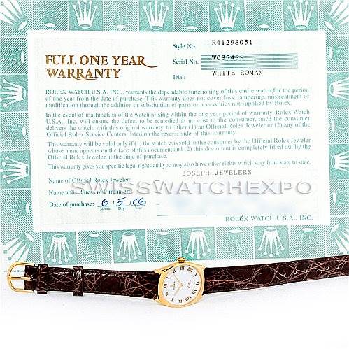 The image shows a top view of a Rolex Cellini 4129 Women's Yellow Gold White Dial 4129 Women's Yellow Gold White Dial watch, along with a full one-year warranty card.