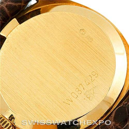 The image shows the back of a Rolex Cellini 4129 Women's Yellow Gold White Dial 4129 Women's Yellow Gold White Dial watch, displaying its serial number and part of the leather strap.