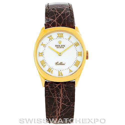 The image shows a frontal view of a Rolex Cellini 4129 Women's Yellow Gold White Dial 4129 Women's Yellow Gold White Dial watch with a white dial, gold case, and brown leather strap.