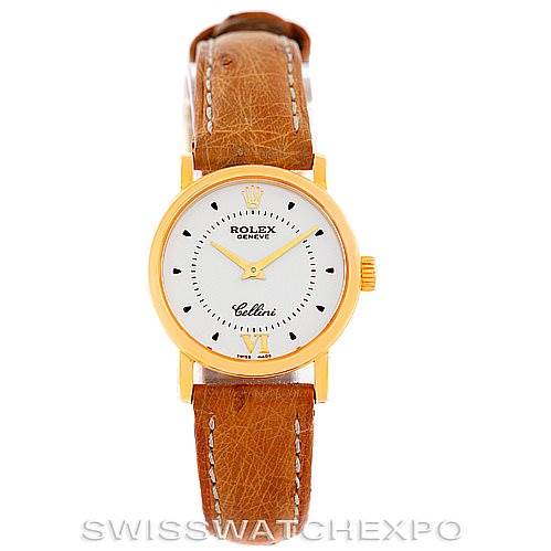 This image shows a front view of a Rolex Cellini 6110 Women's Yellow Gold Silver Dial 6110 Women's Yellow Gold Silver Dial watch with a gold case and brown leather strap.