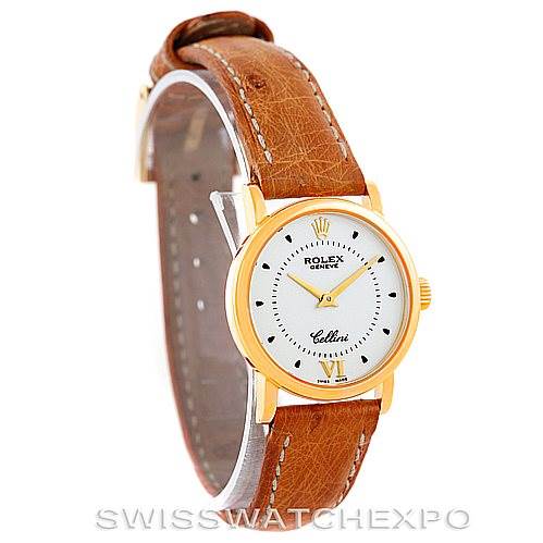 The image shows a Rolex Cellini 6110 Women's Yellow Gold Silver Dial 6110 Women's Yellow Gold Silver Dial watch at a slight angle, displaying the face, bezel, crown, and leather strap. 