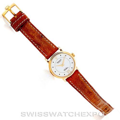 The image shows a Rolex Cellini 6110 Women's Yellow Gold Silver Dial 6110 Women's Yellow Gold Silver Dial watch with a full view of the brown leather strap and gold case, positioned diagonally.