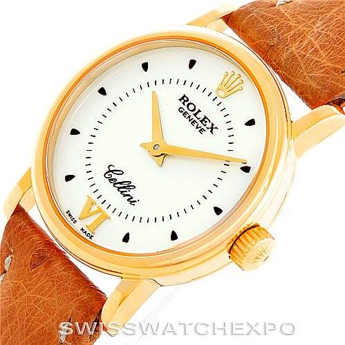 The image shows the Rolex Cellini 6110 Women's Yellow Gold Silver Dial 6110 Women's Yellow Gold Silver Dial watch at an angled view, highlighting the dial, hands, crown, and leather strap.