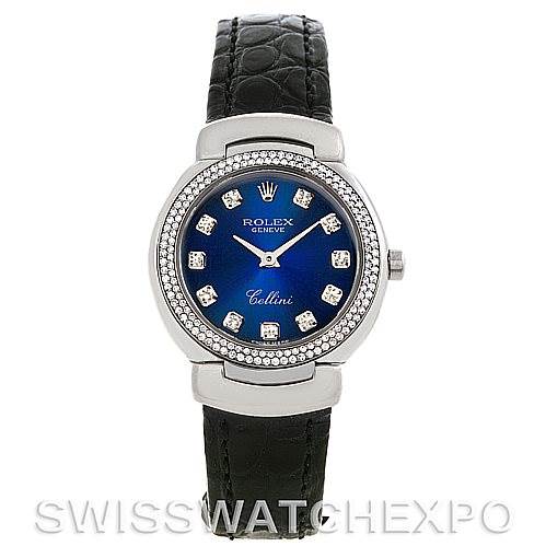 This image shows a front view of the Rolex Cellini 6671/9 Women's White Gold Blue Dial 6671/9 Women's White Gold Blue Dial watch with a blue dial, diamond hour markers, and a black leather strap.