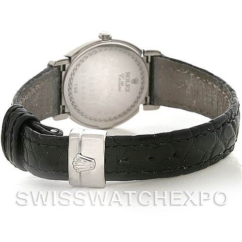 The image shows the back view of a Rolex Cellini 6671/9 Women's White Gold Blue Dial 6671/9 Women's White Gold Blue Dial watch, focusing on the clasp and leather strap.