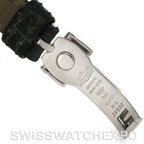 This image shows the clasp and part of the leather strap of a Rolex Cellini 6671/9 Women's White Gold Blue Dial 6671/9 Women's White Gold Blue Dial watch.