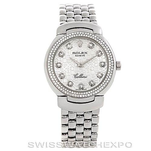 The image shows a front view of a Rolex Cellini 6671/9 Women
s White Gold Silver Dial 6671/9 Women
s White Gold Silver Dial watch, highlighting the face, bezel, and bracelet.