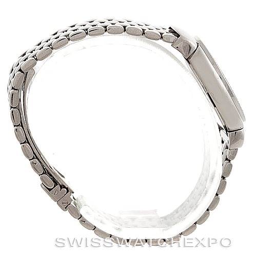 This image shows a side view of the Rolex Cellini 6671/9 Women
s White Gold Silver Dial 6671/9 Women
s White Gold Silver Dial watch, highlighting its bracelet and watch case.