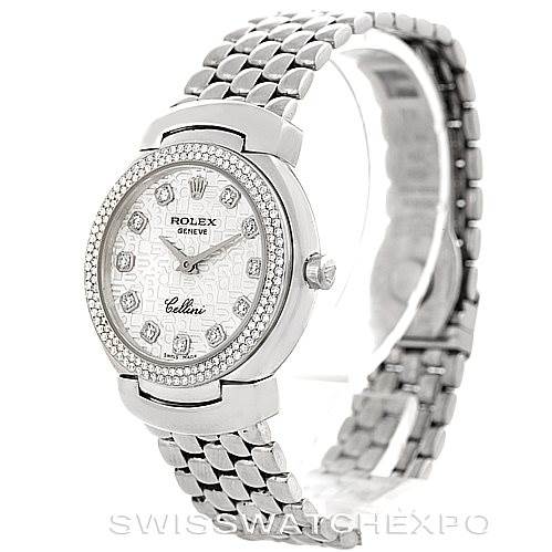 The image shows a Rolex Cellini 6671/9 Women
s White Gold Silver Dial 6671/9 Women
s White Gold Silver Dial watch at a front-side angle, highlighting the face, bezel, crown, and metal bracelet.