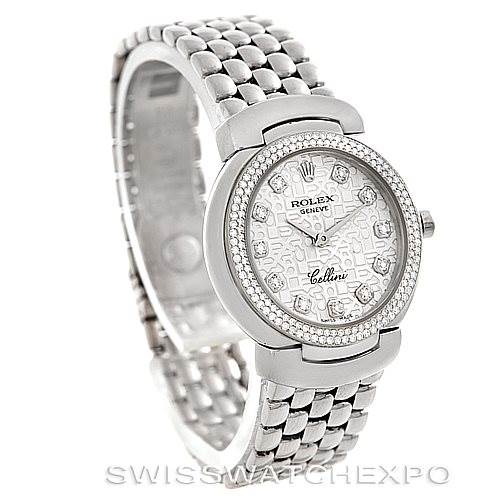 The Rolex Cellini 6671/9 Women
s White Gold Silver Dial 6671/9 Women
s White Gold Silver Dial watch is shown at a front angle displaying its round face and metal bracelet.