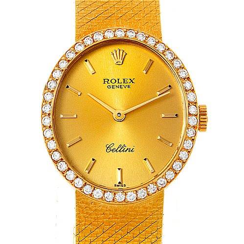 This image shows the front view of a Rolex Cellini 4625 Women's Yellow Gold Champagne Dial 4625 Women's Yellow Gold Champagne Dial watch featuring a gold dial, diamond bezel, and gold mesh strap.
