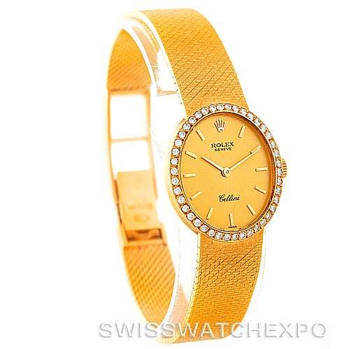 The image shows a Rolex Cellini 4625 Women's Yellow Gold Champagne Dial 4625 Women's Yellow Gold Champagne Dial watch from an angled view, highlighting its gold strap and diamond-set bezel.