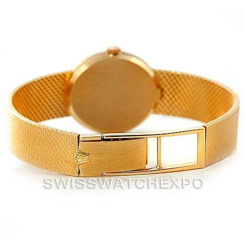 The image shows the back and clasp of a Rolex Cellini 4625 Women's Yellow Gold Champagne Dial 4625 Women's Yellow Gold Champagne Dial watch, highlighting its gold mesh bracelet and buckle.