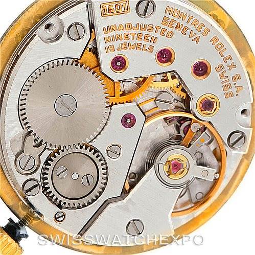 This image shows the internal mechanism and gears of a Rolex Cellini 4306 Women's Yellow Gold Grey Dial 4306 Women's Yellow Gold Grey Dial watch movement from the back.