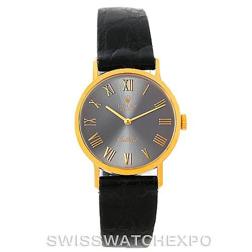 The image shows a front view of a Rolex Cellini 4306 Women's Yellow Gold Grey Dial 4306 Women's Yellow Gold Grey Dial watch with a black leather strap and gold case.
