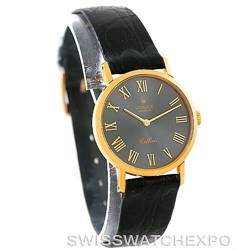 This image shows a front angle of the Rolex Cellini 4306 Women's Yellow Gold Grey Dial 4306 Women's Yellow Gold Grey Dial watch, highlighting its black leather strap and gold case with Roman numerals.