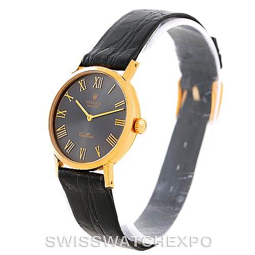 The image shows a Rolex Cellini 4306 Women's Yellow Gold Grey Dial 4306 Women's Yellow Gold Grey Dial watch at an angle highlighting its face, black leather strap, and gold casing with Roman numerals.
