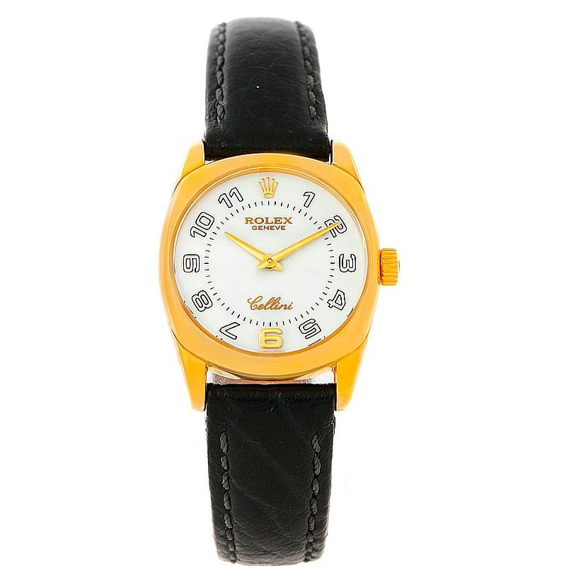 The Rolex Cellini 6229 Women's Yellow Gold White Dial 6229 Women's Yellow Gold White Dial watch is shown from a front angle, displaying the face, bezel, crown, and leather strap.