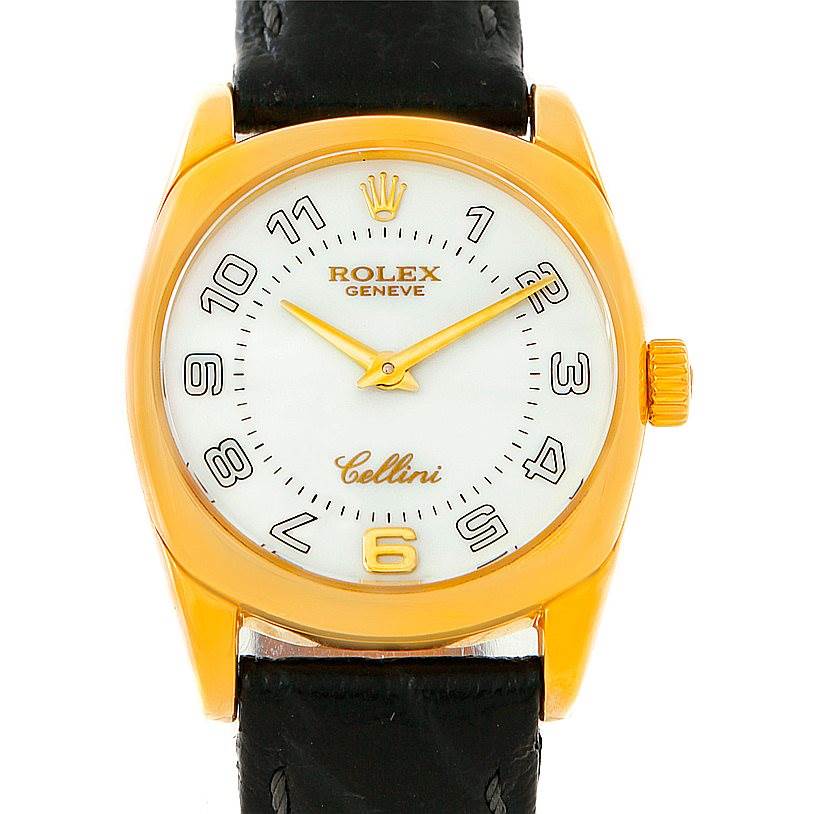 The image shows a frontal view of the Rolex Cellini 6229 Women's Yellow Gold White Dial 6229 Women's Yellow Gold White Dial watch, displaying its face, bezel, crown, and part of the strap.