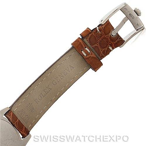 The image shows a close-up of a Rolex Cellini 6229 Women's White Gold Black Dial 6229 Women's White Gold Black Dial watch band, displaying the leather strap and metal buckle.